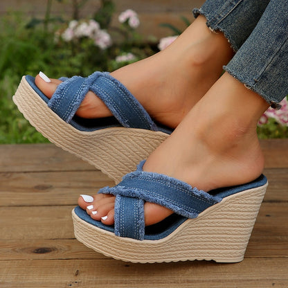 Cross Strap High Wedge Slippers Women Summer Blue Denim Chunky Platform Sandals Woman Non Slip Thick Sole Slides Flip Flops