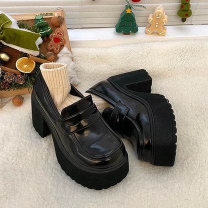 Super High Heels Loafers Women  Spring Patent Leather Chunky Platform Pumps Woman Slip On Black Jk Uniform Shoes Mary Janes