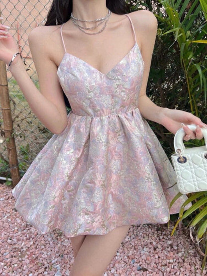 binfenxie Elegant Sleeveless Princess Mini Dress For Women 2022 Summer Female Floral Print Fancy Party Vestidos