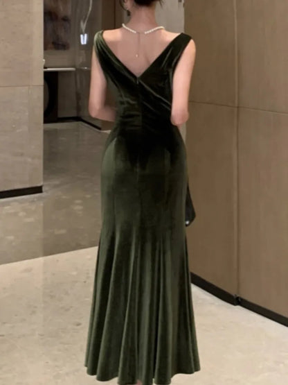 Elegant Velvet Dress Women Sleeveless V-neck Wrap Hip Slim Mermaid Evening Party Prom Vestidos Mujer Solid Fashion Sexy Robe New