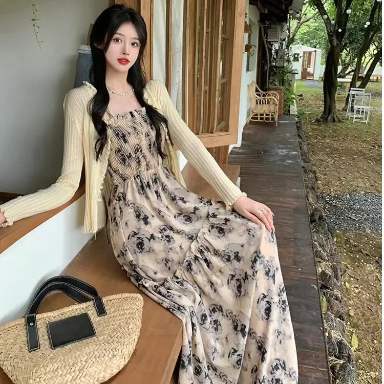 binfenxie Summer New Sweet Elegant Halter Dress Slash Neck Floral High Waist Pleats Long Dress Patchwork Holiday Style Boho Dress