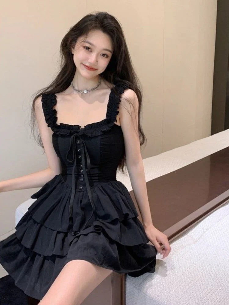 binfenxie Gothic Goth Harajuku Sexy Slip Dress Ruffles Y2k Streetwear Dark Punk Cake Dresses Party Korean Fashion 2023 Summer