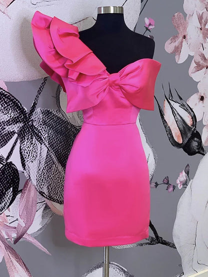 Party Mini Dress Ruffles One Shoulder Big Bowtie Patchwork Sexy Bodycon Women Vestido Celebrate Event Occasion Dinner Night Out