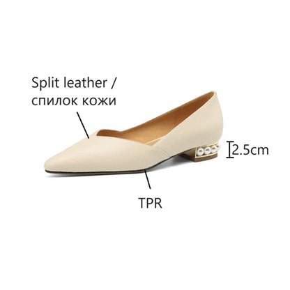 Futurecen  -  NEW Spring Women Pumps Split Leather Shoes for Women Pointed Toe Low Heel Women Pumps Pearl Handmade Shoes Concise Ladies Shoes