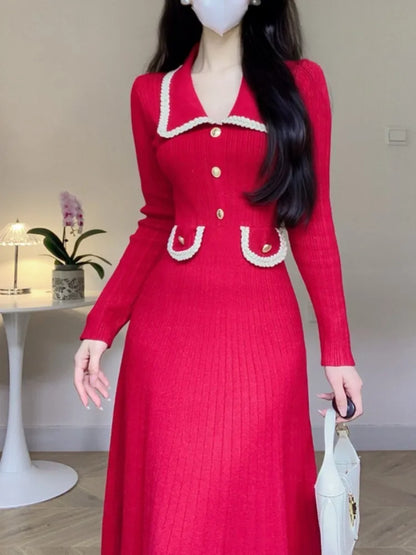 Autumn Winter Long Sleeve Knitting Midi Dress Women Fashion Turn Down Collar Button Sweater Clothes Female Soft Ribbed Jumper