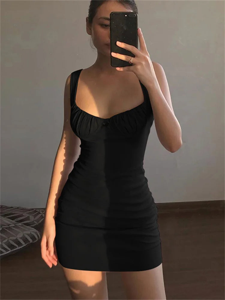 binfenxie Ruched Sleeveless Sexy Dress Women Summer Black White Bodycon Mini Dresses Ladies Casual Basic Short Dress Korean