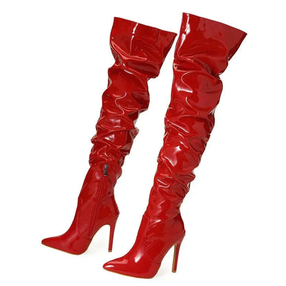 High Quality Pleated Patent Leather Motorcycle Over The Knee Boots Women Fashion Pointed Toe Zip Thigh High Lady Shoes