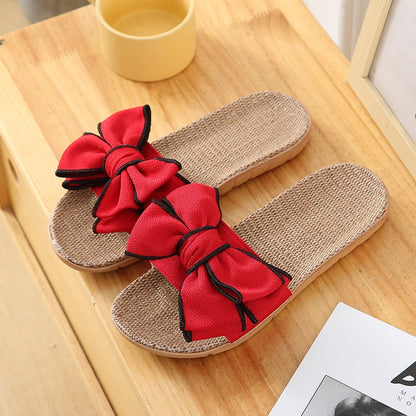 Women Summer Casual Slides Comfortable Flax Slippers Striped Bow Linen Flip Flops Platform Sandals Ladies Indoor Shoes