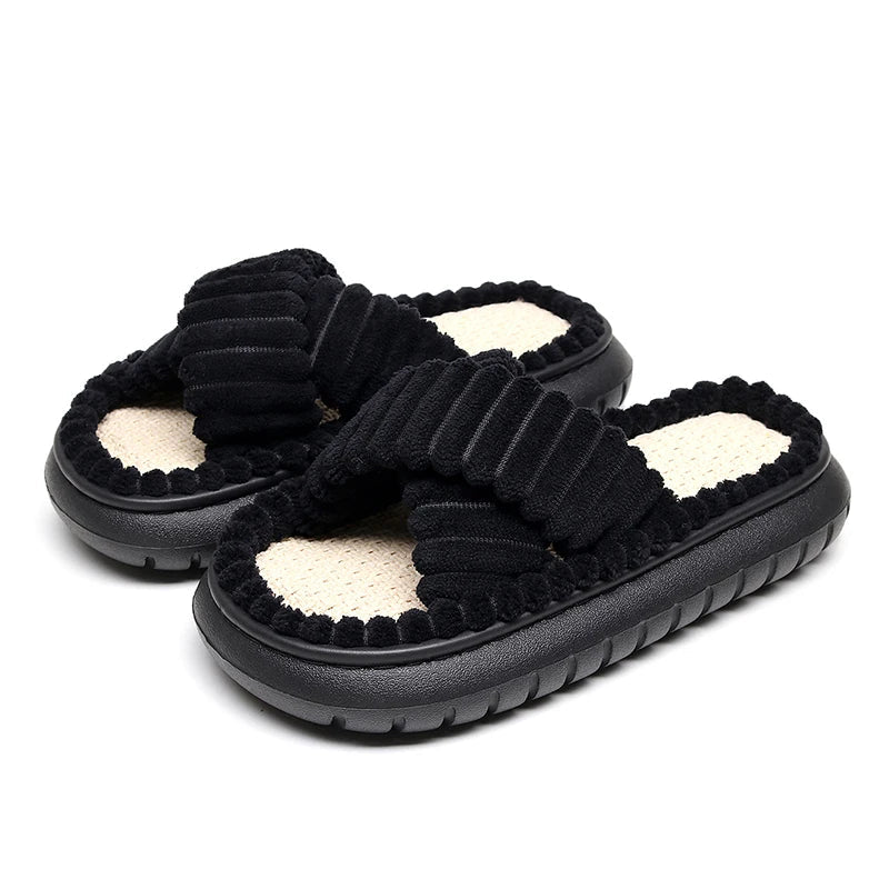 New Women Home Slippers Autumn Winter Open-Toe Cross Band Linen Soled Indoor Slides Linen Soled Non-Slip Bathroom Slippers