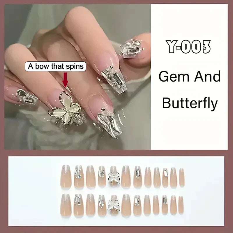 binfenxie 24pcs/box Fake Nails Press on Reusable with Designs Set French Artificial Aurora Diamond False Tipsy Stick-on Nails Tips Art