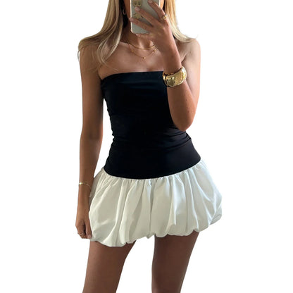 Women Strapless Bubble Mini Dress Solid Backless Sleeveless Bandeau Puff Bubble Party Dress vestidos