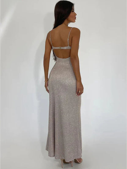 Elegant Sparkle Women Dress Fashion Spaghetti Strap Sleeveless Backless Bodycon Club Long Sexy Dress Party Outfits