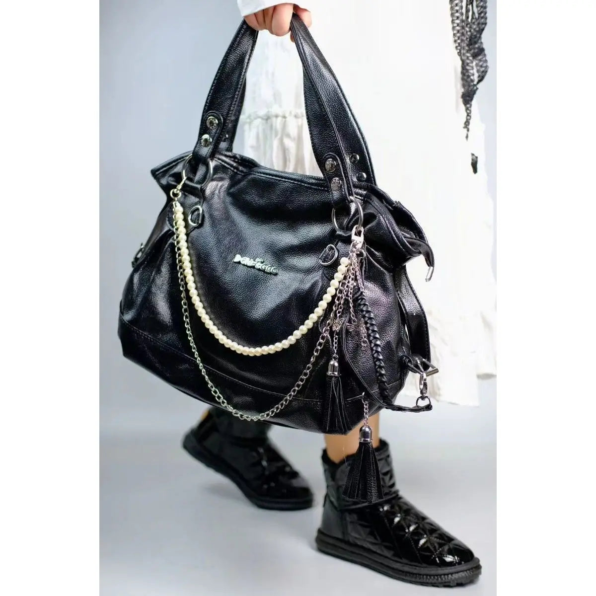 binfenxie  Original Y2k Womens Handbag White Goth Pearl Chains Fashion Tote Bag Aesthetic Large Capacity Designer Daily Shoulder Bag