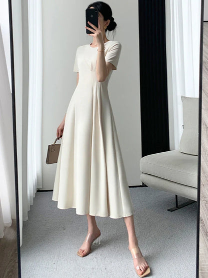 Summer New Elegant Midi Dress For Women Solid Femme Fashion A Line Lady Party Clothing Vestidos