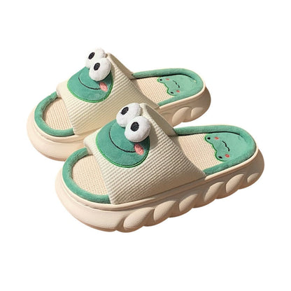 Thick Platform Home Slippers Women Linen Slippers Spring Summer Indoor Shoes Cartoon Animals Non Slip Outdoor Woman Slides