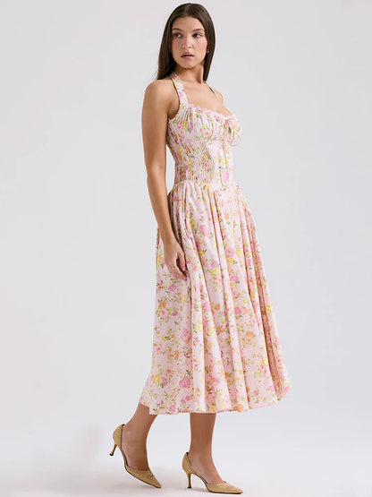 Vintage Print Midi Sundress For Women Summer New Fashion Halter Sleeveless Backless A-line Sexy Long Dress