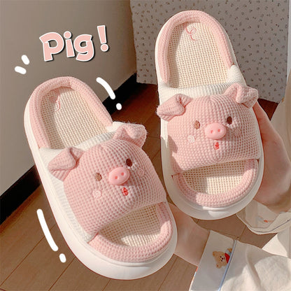 Thick Platform Home Slippers Women Linen Slippers Spring Summer Indoor Shoes Cartoon Animals Non Slip Outdoor Woman Slides