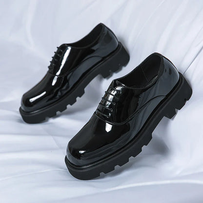 Men Japan Karajuku Korean Style Fashion Streetwear Thick Platform Casual Patent Leather Shoes Male Lace Up Dress Leather Shoes