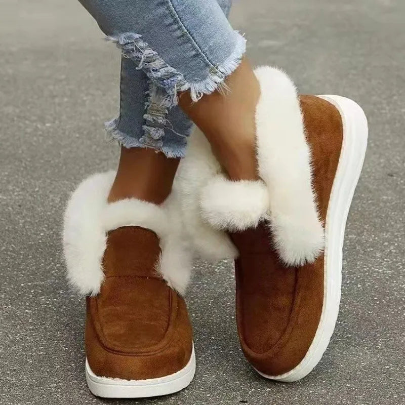 Ladies Ankle Boots Women Winter Warm Plush Fur Snow Boots Suede Leather Shoes Ladies Slip on Comfortable Female Footwear