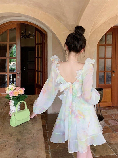 binfenxie France Sweet Tie-dyed Fairy Dress Women Elegant Chic Ruffles V-Neck Long Sleeve Princess Dresses Female Casual Beach Vestidos