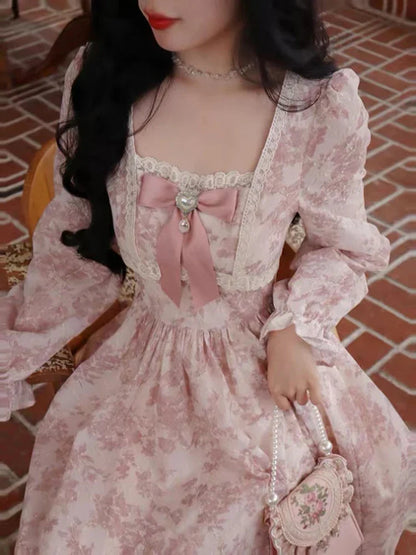 binfenxie Sweet Pink Princess Dress Women Vintage Floral Print Puff Sleeve Dress Female French Style Elegant Kawaii Lace Bow Long Dresses