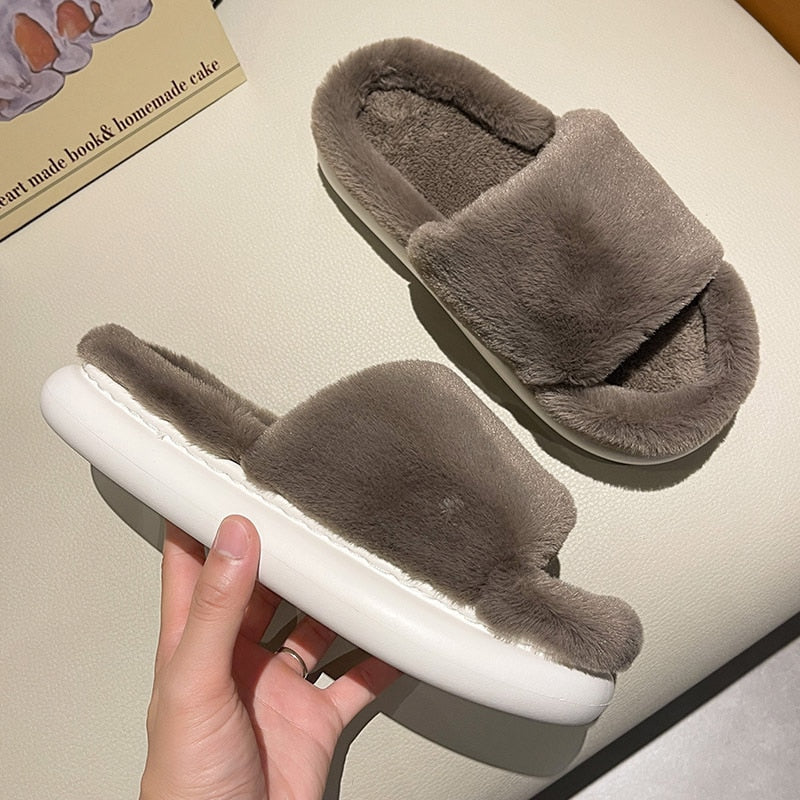 Fluffy Fur Home Slippers Women Winter  Non-slip Indoor Floor Shoes Thick Bottom Home Cotton Furry Slippers Flip Flops