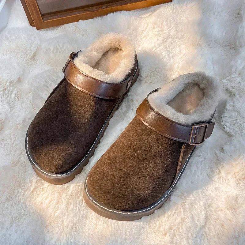 Women Slippers Winter Fur Flats Short Plush Mules Shoes New Women Platform Cotton Shoes Suede Home Flip Flops Warm Shoes