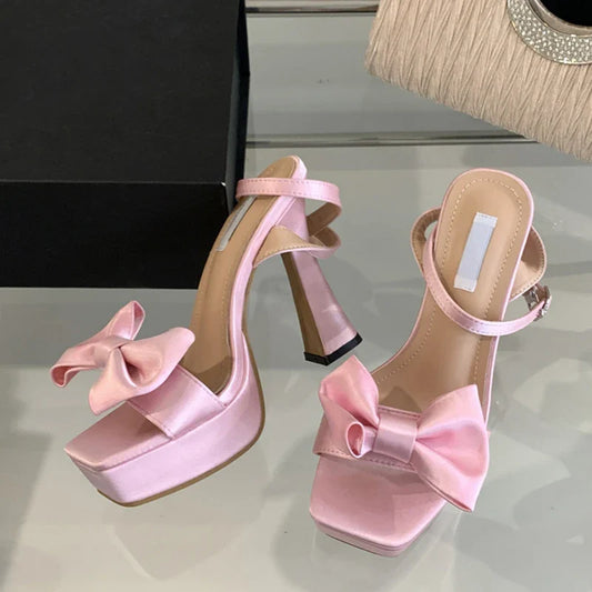 Futurecen  2024 New Brand Super High Heels Sexy Sandals Fashion Pink Silk Bowknot Square Open Toe Chunky Platform Shoes Women Pumps