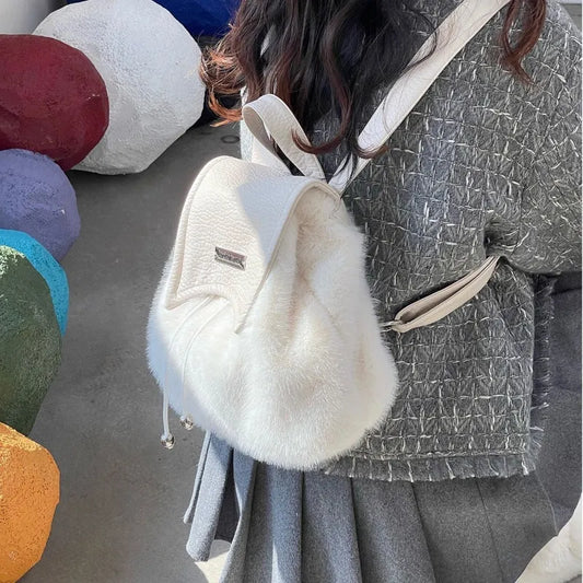 binfenxie Sweet Cute Soft Plush Shoulder Bag White Harajuku Style Drawstring Backpack New Large Capacity Elegant Literary Handbag