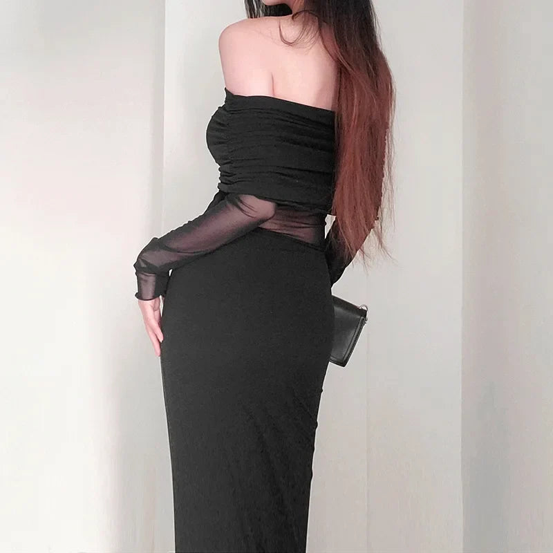 binfenxie Strapless Black Sexy Women's Dress Lace Patchwork Long Sleeves Bodycon Autumn Long Dresses Streetwear Elegant Party Clubwear