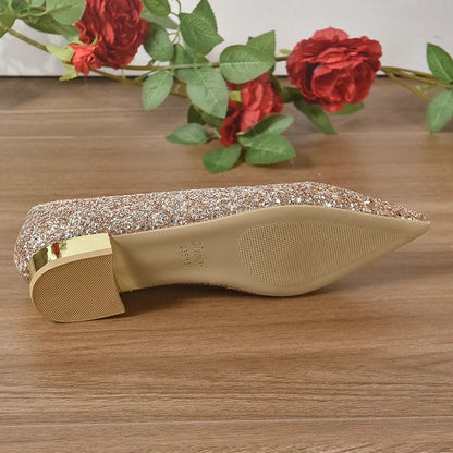 Gold Low Heels Pumps Women Spring Shiny Sequins Pointed Toe Party Shoes Woman Plus Size Simple Thick Heeled Bride Shoes