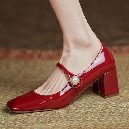 Rimocy Pearl Patent Leather High Heels Mary Janes Woman Spring Elegant Square Toe Women's Pumps Red Office Ladies Shoes