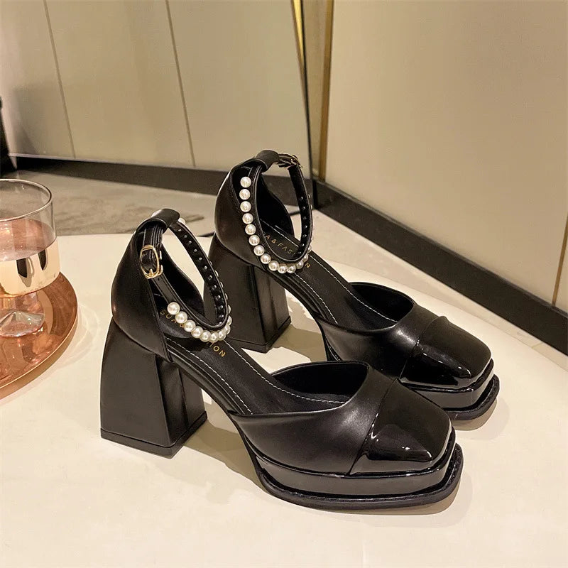 Futurecen  Vintage High Heels Mary Jane Shoes for Women Patent Leather Platform Pumps Woman Pearls Chain Thick-Heeled Shoes Female