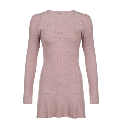 binfenxie Korean Square Neck Pink Autumn Dress Women Sweet Fold Coquette Clothes Slim Basic Knit Mini Dress Elegant Stylish New