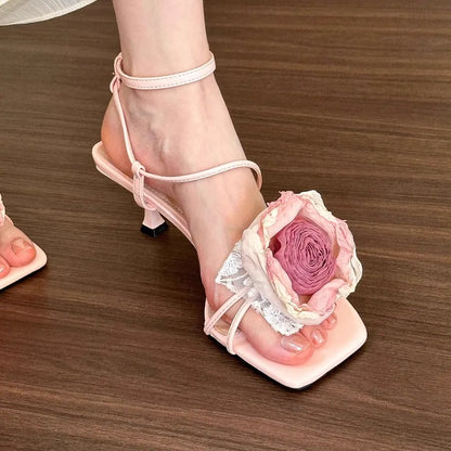 binfenxie  -  2024 Colorful 3D Flower Short Heel Sandals Square Headed Open Toe Party Fashion French Sandals Detachable Rose Woman Shoes 35-39