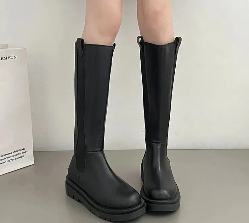 Winter Punk Boots Women Heels Fashion Slip On Shoes Ladies Elegant Thick Sole Long Knight Boots