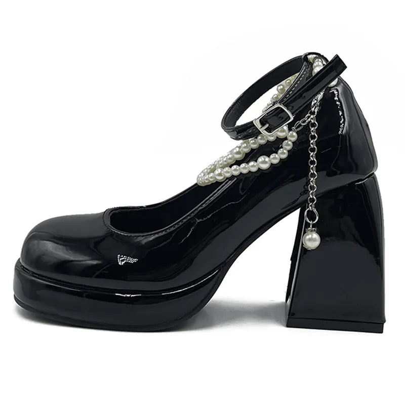 Y2K Chunky Platform High Heels Pumps Women Summer Patent Leather Black White Lolita Shoes Woman Pearl Ankle Straps Pumps