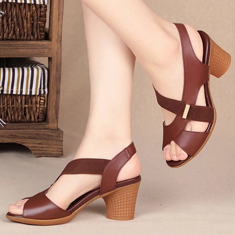 Women Summer Sandals Platform Round Mid Heel Back Strap Peep Toe Pu Leather Beach Casual Fashion Shoes Ladies Female Whosale