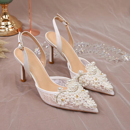 binfenxie  -   Sexy Lace Thin Heels Sandals Women Elegant Pearl High Heels Pumps Woman  Summer Pointed Toe Bling Crytsal Party Shoes