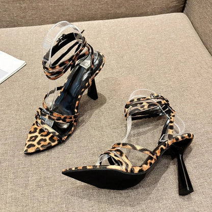 binfenxie  -   2024 New Sexy Leopard Print Sandals Women Summer Pointed Open Toe Buckle Strap Gladiator High Heels Party Dress Shoes