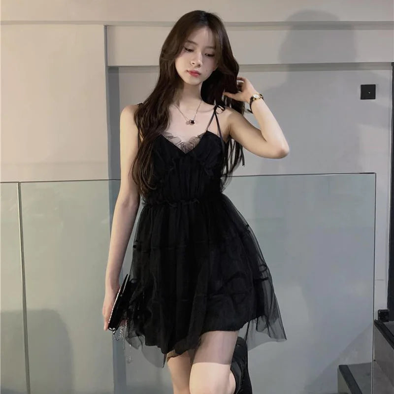 binfenxie Dresses Women Mesh Spaghetti Strap Hotsweet Ball Gown Princess Lace-up Stylish Korean Style Mini Ins Summer Backless Temperament