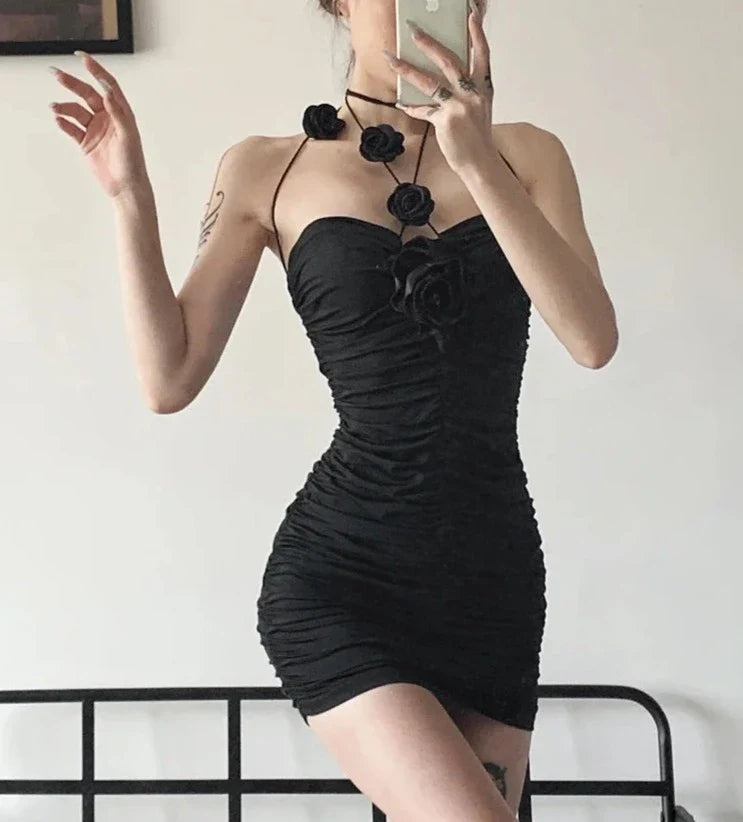 binfenxie Black Mysterious Sexy Mature Party Intellectual Feminine Rose Decorative Folds Charming Tight Women's Tube Top Dress