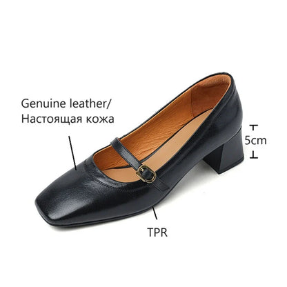 Futurecen  -  NEW Spring/Autumn Women Pumps Genuine Leather Shoes for Women Square Toe Chunky Heel Shoes Concise Mary Janes Buckle Black Shoes