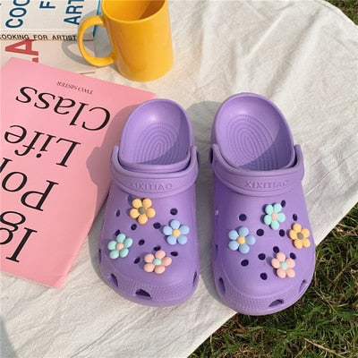 DIY Hole Slippers Women Summer Sandals EVA Sole Flower Decor Beach Slippers Non-slip Woman Sandals Soft Bottom Indoor Flip Flops