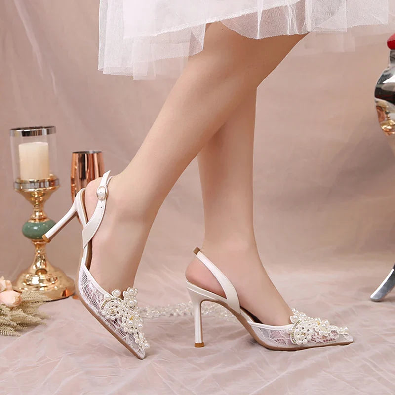 binfenxie  -   Sexy Lace Thin Heels Sandals Women Elegant Pearl High Heels Pumps Woman  Summer Pointed Toe Bling Crytsal Party Shoes