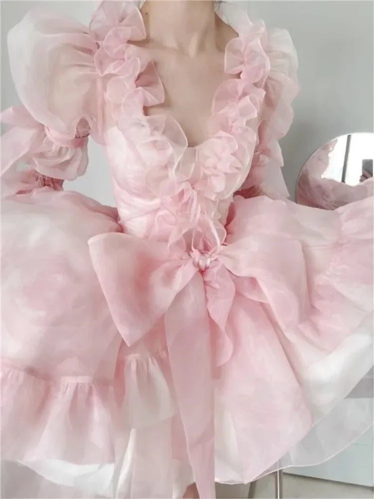 binfenxie Women Chic Pink Asymmetrical Dress Vintage Summer Mini Birthday Female Ruffles PartyLady Holiday Puff Dress