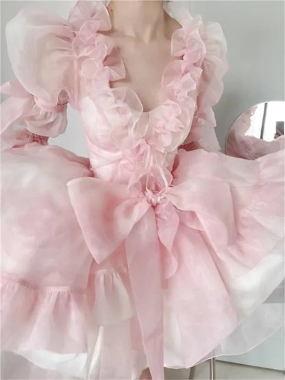 binfenxie Women Chic Pink Asymmetrical Dress Vintage Summer Mini Birthday Female Ruffles PartyLady Holiday Puff Dress