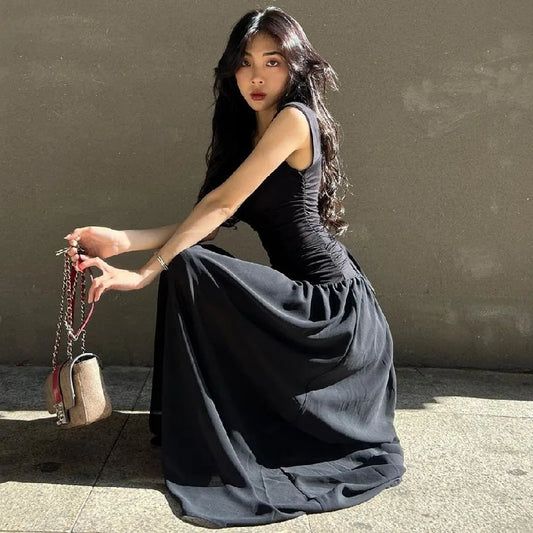 binfenxie Women Summer Party Long Dress Sexy Ruched Bodycon Black Maxi Dresses Elegant Temperament High-waist Vestidos New