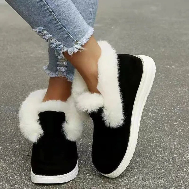 Ladies Ankle Boots Women Winter Warm Plush Fur Snow Boots Suede Leather Shoes Ladies Slip on Comfortable Female Footwear