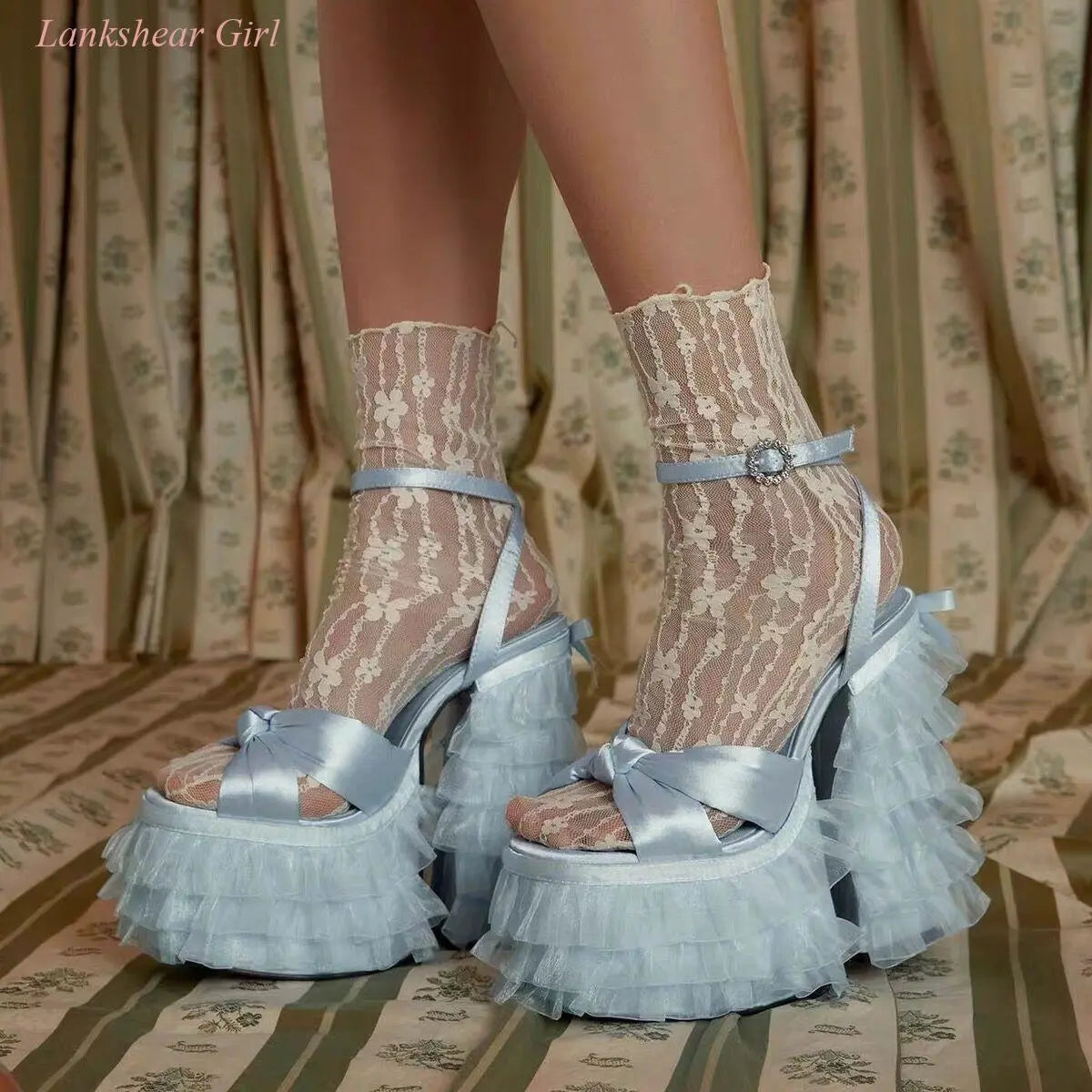 Light Blue Satin Platform High Heel Sandals Women Square Toe knotted Bow Chunky Heel Rhinestone Buckle Mary Janes Shoes